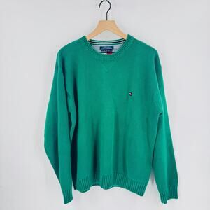 Vintage Tommy Hilfiger Green Cotton Sweater XL Oversized Preppy Unisex